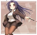  ahoge blue_hair blush brown_legwear business formal grin idolmaster idolmaster_(classic) jacket long_hair miura_azusa pantyhose pencil_skirt red_eyes skirt skirt_suit smile solo suit van-s 