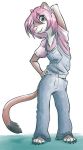  2018 5_toes anthro barefoot blue_eyes clothed clothing female hair mammal mustelid pink_hair pink_nose simple_background solo standing toes unimpressive weasel 