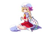  anime_coloring ascot blonde_hair bow dress flandre_scarlet flower hat hat_bow looking_at_viewer okina_ika red_eyes short_hair side_ponytail simple_background sitting skull socks solo touhou wariza white_background white_legwear wings wreath 