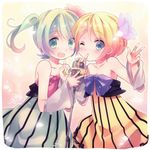  bad_id bad_pixiv_id bare_shoulders blonde_hair blue_eyes bow cheerful_candy_(module) colorful_drop_(module) colorful_x_melody_(vocaloid) detached_sleeves dress finger_to_mouth flower green_hair hair_bow hair_flower hair_ornament hatsune_miku kagamine_rin microphone microphone_stand multiple_girls one_eye_closed open_mouth ousaka_nozomi project_diva_(series) project_diva_2nd striped striped_dress twintails vocaloid 