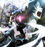  bikini_top black_hair black_rock_shooter boots burning_eye huge_weapon insane_black_rock_shooter kuroi_mato long_hair midriff multiple_girls navel open_mouth purple_eyes screaming short_hair shorts spoilers sword twintails umapan weapon 