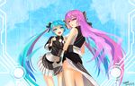  :d black_gloves blue_eyes blue_hair bow double_bun fingerless_gloves gloves hair_bow hatsune_miku long_hair megurine_luka multiple_girls open_mouth pink_eyes pink_hair project_diva_(series) project_diva_extend skirt smile tianlluo twintails ura-omote_lovers_(vocaloid) very_long_hair vocaloid 