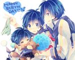  :d ^_^ bad_id bad_pixiv_id blue_eyes blue_hair blue_scarf bouquet closed_eyes flower food genderswap genderswap_(ftm) genderswap_(mtf) happy_birthday headset holding holding_panties ice_cream kaiko kaito male_focus multiple_boys multiple_persona open_mouth ousaka_nozomi panties scarf smile striped striped_panties stuffed_animal stuffed_toy teddy_bear underwear vocaloid younger 