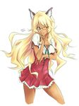  animal_ears bare_legs blonde_hair blue_eyes breasts cat_ears cleavage dark_skin dress glasses jeff_wang long_hair mayo_chiki! medium_breasts narumi_nakuru no_legwear one_eye_closed school_uniform solo 