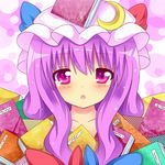  bad_id bad_pixiv_id blush book bow crescent hat hat_bow long_hair open_mouth patchouli_knowledge purple_eyes purple_hair ribbon shinekalta solo touhou 