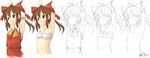  armpits arms_up bad_id bad_pixiv_id bow breasts brown_hair colorized detached_sleeves hair_bow hair_tubes hakurei_reimu highres navel nude partially_colored progression red_eyes sarashi sketch small_breasts smile sunyukun touhou underwear underwear_only 