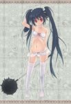  bad_id bad_pixiv_id black_hair bra garter_straps keiko220 kooh lingerie long_hair mace navel pangya panties red_eyes ribbon smile solo thighhighs twintails underwear underwear_only weapon 