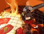  bad_id bad_pixiv_id black_hair fire food gaius_(tales) grill grilling hair_over_one_eye male_focus meat red_eyes solo tales_of_(series) tales_of_xillia tongs zenmai 
