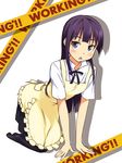  all_fours apron black_legwear blush caution_tape copyright_name long_hair looking_at_viewer mohya no_shoes open_mouth purple_eyes purple_hair simple_background skirt solo thighhighs tsurime waitress white_background working!! yamada_aoi 
