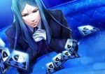  aoao39 bangs blue blue_background blue_eyes blue_hair card cosplay crossover fate/zero fate_(series) formal gloves igor igor_(cosplay) long_hair lord_el-melloi_ii male_focus motion_blur namesake older parody parted_bangs persona persona_3 pun solo suit velvet_room waver_velvet white_gloves 