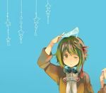  bad_id bad_pixiv_id blue_background footwear_on_head glass_slipper goggles goggles_around_neck green_hair gumi hair_ribbon high_heels object_on_head one_eye_closed ousaka_nozomi ribbon shoes_removed short_hair simple_background solo star upper_body vocaloid yellow_eyes 
