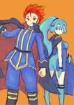  blue_eyes blue_hair boots breasts cape gloves gym_leader ibuki_(pokemon) pants pokemon pokemon_champion red_eyes red_hair wataru_(pokemon) 