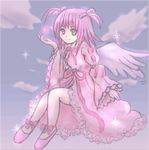  1girl brown_eyes cloud dress frills hinamori_amu lowres pink_hair ribbon shoes shugo_chara! wings 