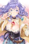  artist_request belt braid breasts brooch bustier choker cleavage french_braid frills holding jacket jewelry large_breasts long_hair lowres purple_eyes purple_hair ribbon smile solo sword_girls very_long_hair wavy_hair 