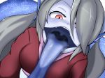  1girl blue_skin female hair_over_one_eye head_fins konakaraku lamia long_tongue monster_girl mouth original saliva solo teeth tongue tongue_out uvula very_long_tongue 