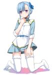  apron bangs be_with_hiroshi_uniform blue_bow blue_dress blue_hair bow dress fin_e_ld_si_laffinty hair_bow hand_on_own_chest kneeling panties pantyshot pantyshot_(kneeling) parted_bangs purple_eyes rinne_no_lagrange short_hair skirt sleeves_rolled_up solo thighhighs underwear waitress white_apron white_legwear white_panties yaya_hinata 