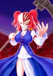  adapted_costume alternate_weapon asamura_hiori bad_id bad_pixiv_id black_sclera bleach blush breasts cleavage hair_bobbles hair_ornament highres large_breasts mask navel onozuka_komachi red_hair scythe skirt solo swastika touhou two_side_up weapon yellow_eyes 