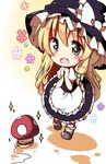  1girl blonde_hair blush bow brown_eyes chibi dress fang hair_bow hands_together hat hat_bow highres kirisame_marisa long_hair mushroom open_mouth own_hands_together ramudia_(lamyun) solo sparkle touhou white_bow witch_hat 