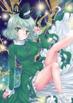  blush breasts covered_nipples dress frilled_dress frills green_dress green_eyes green_hair hat highres humanization large_breasts legs_up ogakuru short_hair silver_hair smile soga_no_tojiko solo tate_eboshi touhou 