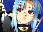  bell bell_collar bespectacled blue_hair close-up collar face glasses kohuseigetsu len lips long_hair melty_blood older pointy_ears red_eyes solo tsukihime umbrella 