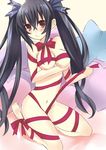  bad_id bad_pixiv_id black_hair blush bow ears hair_bow hair_ornament kneeling long_hair mikan_no_shiru naked_ribbon navel neptune_(series) noire nude red_eyes ribbon solo twintails very_long_hair 