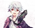  akise_aru hood hooded_jacket jacket male_focus mirai_nikki necktie open_mouth red_eyes shirt simple_background smile solo tears tibino upper_body white_hair white_shirt 