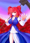  adapted_costume asamura_hiori bleach blush breasts cleavage hair_bobbles hair_ornament highres large_breasts navel onozuka_komachi red_eyes red_hair scythe skirt smirk solo swastika touhou two_side_up 