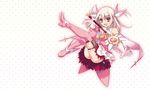  albino boots fate/kaleid_liner_prisma_illya fate_(series) feathers gloves hair_feathers hair_ornament hiroyama_hiroshi holding holding_wand illyasviel_von_einzbern kaleidostick long_hair magical_girl non-web_source official_art pink_footwear pink_legwear prisma_illya red_eyes silver_hair smile solo staff thigh_boots thighhighs wand white_background white_gloves white_hair 