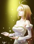  absurdres antenna_hair archetype_earth arcueid_brunestud bare_shoulders blonde_hair breasts cleavage detached_sleeves dress highres long_hair medium_breasts melty_blood nanaya_(daaijianglin) red_eyes snow solo strapless strapless_dress tsukihime 