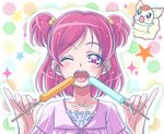  coco_(yes!_precure_5) eyelashes food mahkn one_eye_closed open_mouth pink_eyes pink_hair popsicle precure tongue two_side_up yes!_precure_5 yumehara_nozomi 