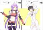  2girls atwight_eks belt black_hair blue_eyes breasts choker cosplay costume_switch detached_sleeves gloves hat long_hair midriff multiple_girls navel open_mouth purple_hair red_eyes rutee_katrea rutee_katret tales_of_(series) tales_of_destiny thighhighs 
