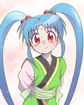  arms_behind_back bad_id bad_pixiv_id blue_hair collarbone facial_mark forehead_mark hair_bobbles hair_ornament long_hair long_sleeves looking_at_viewer masaki_sasami_jurai red_eyes sash smile solo standing tai_takeshi tenchi_muyou! twintails 