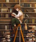  bad_id bad_pixiv_id blue_eyes book book_focus book_stack bookshelf boots brown_hair duster glasses harukaze holding holding_book ladder male_focus open_book original reading sitting solo too_many too_many_books 