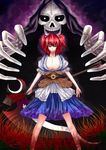  breasts cleavage coin death_(entity) dress flower grim_reaper gumihotaru hair_bobbles hair_ornament large_breasts obi onozuka_komachi red_eyes red_hair sash scythe short_hair skeleton skull smile spider_lily touhou two_side_up 