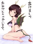 2012 akeome animal_ears ass barefoot bra brown_eyes brown_hair dragon_girl dragon_tail dragon_wings happy_new_year horns lace lace-trimmed_bra lingerie monster_girl new_year original panties short_hair solo tail tattoo thong translated underwear underwear_only wings yorozuya_hyakuhachi 