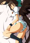  ass bed black_hair black_legwear black_wings bow breasts covered_nipples hair_bow hair_ribbon jewelry kneehighs large_breasts legs long_hair looking_back lying necklace no_pants no_shoes on_bed on_side panties pillow red_eyes reiuji_utsuho ribbon shin'ya_(nanp) smile solo striped striped_panties touhou underwear wings wrist_cuffs 