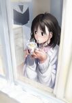  animal_print black_eyes black_hair cat_print clothes_hanger cup curtains door drawer face floor from_outside hands holding imaoka looking_out_window mug open_mouth original plaid plaid_shirt school_uniform shirt short_hair solo spoon steam sweater window 