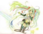  bridal_gauntlets center_opening green_eyes green_hair hair_ribbon hand_on_own_chest hatsune_miku hatsune_miku_(append) kohato long_hair navel necktie open_mouth ribbon solo star thighhighs traditional_media twintails very_long_hair vocaloid vocaloid_append watercolor_(medium) 