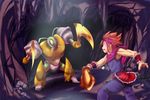  battle brown_hair cave headband monster muscle randi seiken_densetsu seiken_densetsu_2 spiked_hair sword til_(tilpim) vambraces weapon 