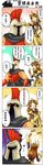 1girl 4koma armor brown_hair comic ear_protection forehead_protector gauntlets highres league_of_legends leona_(league_of_legends) nam_(valckiry) pantheon_(league_of_legends) translation_request 