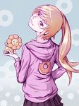  blonde_hair blush doughnut fang food head_tilt highres hood hoodie long_hair looking_back mister_donut monogatari_(series) nisemonogatari oshino_shinobu pon_de_lion ponytail shaft_look skirt smile solo yellow_eyes yoshikawa_kazunori 