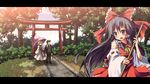  2girls ascot black_hair blush detached_sleeves glasses hair_ribbon hair_tubes hakurei_reimu hat hat_ribbon letterboxed long_hair md5_mismatch multiple_girls open_mouth ribbon ryogo scenery torii touhou umbrella yakumo_yukari zun 