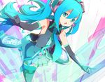  amder aqua_eyes aqua_hair bad_id bad_pixiv_id detached_sleeves elbow_gloves gloves hatsune_miku headset long_hair necktie open_mouth skirt solo thighhighs twintails vocaloid 
