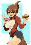  1girl asahina_aoi asahina_aoi_(dangan-ronpa) ass blue_eyes blush breasts brown_hair cleavage dangan-ronpa dangan_ronpa danganronpa danganronpa_1 dark_skin doughnut erect_nipples female food hair_ornament hairclip hodo_hodo large_breasts ponytail shorts solo track_suit 