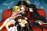  belt black_hair black_legwear black_serafuku blonde_hair blue_eyes braid brown_hair buckle chiaki_kurihara couch crossed_legs endou_mami epaulettes glasses gruier_serenity hair_ornament hairpin hat hug jpeg_artifacts katou_marika long_hair maid maid_headdress miniskirt_pirates multiple_girls non-web_source pimp pink_hair pirate_hat saturn school_uniform serafuku short_hair sitting skirt star thighhighs yuri zettai_ryouiki 