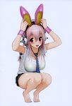  :d absurdres animal_ears arms_up barefoot breasts bunny_ears cleavage fake_animal_ears feet footwear_on_head headphones highres large_breasts long_hair looking_at_viewer necktie nitroplus object_on_head open_mouth pink_hair polka_dot red_eyes scan see-through shirt shoes_removed short_shorts shorts smile solo squatting super_sonico tiptoes toenail_polish toenails tsuji_santa white_shirt wristband 