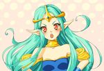  bare_shoulders blush choker green_hair hands_on_hips himono58 long_hair luca_(seiken_densetsu) open_mouth pointy_ears red_eyes seiken_densetsu seiken_densetsu_2 solo tiara very_long_hair 