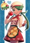  1girl :d apple appletun apron bangs beret buttons clenched_hand commentary_request double-breasted food fruit green_eyes green_hair hat highres holding holding_food holding_fruit long_hair long_sleeves maki_(letusgomaki) mallow_(palentine&#039;s_2023)_(pokemon) mallow_(pokemon) neckerchief official_alternate_costume open_mouth pokemon pokemon_(game) pokemon_masters_ex red_neckerchief red_skirt shirt skirt smile swept_bangs teeth tongue twintails upper_teeth_only waist_apron yellow_apron 