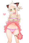  animal_ears bare_shoulders bow bow_panties cameltoe cat_ears choker chunbollo elin_(tera) extra_ears flower frilled_panties frills gloves green_eyes grey_hair groin heart highres navel neck_ribbon panties pink_panties ribbon skirt skirt_lift solo tera_online thighlet thighs underwear 