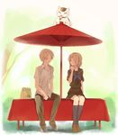  1girl :3 :d ^_^ bad_id bad_pixiv_id blonde_hair closed_eyes couple hetero natsume_takashi natsume_yuujinchou nyanko open_mouth school_uniform shared_umbrella shirt sitting skirt smile sora_(efr) table taki_tooru umbrella 